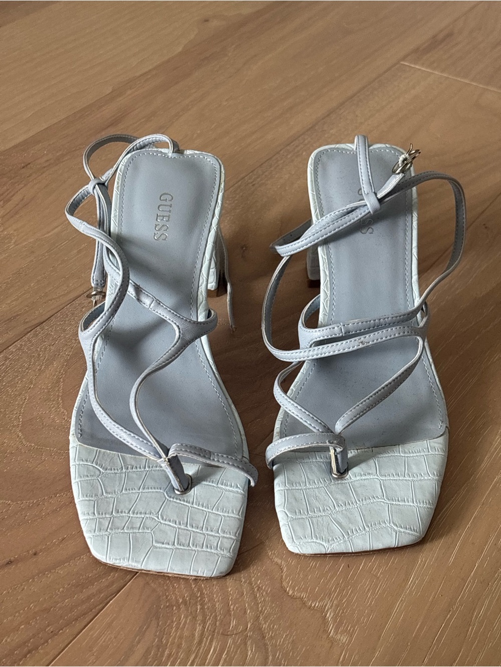 GUESS White Croc-Embossed Strappy Block Heel Sandals